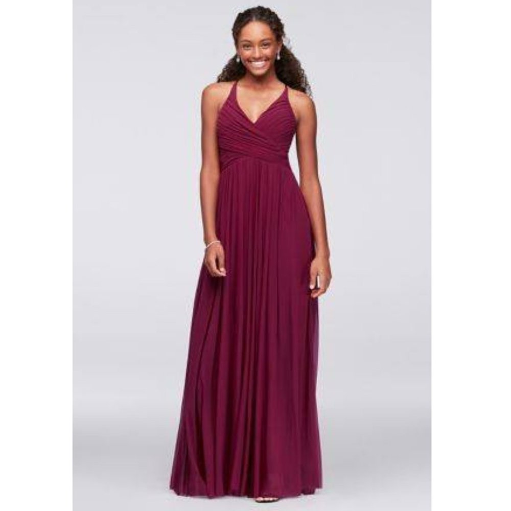 Burgundy Bridesmaid Dress Wine Pleated Mesh Gown Juniors sz 7 = Womens sz 6 NEW